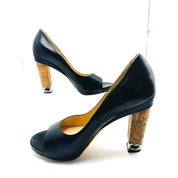 Chanel Black Leather CC Logo Silver Chain Peep Toe Cork Heel Pumps Shoes sz 39.5 - Picture 14 of 14